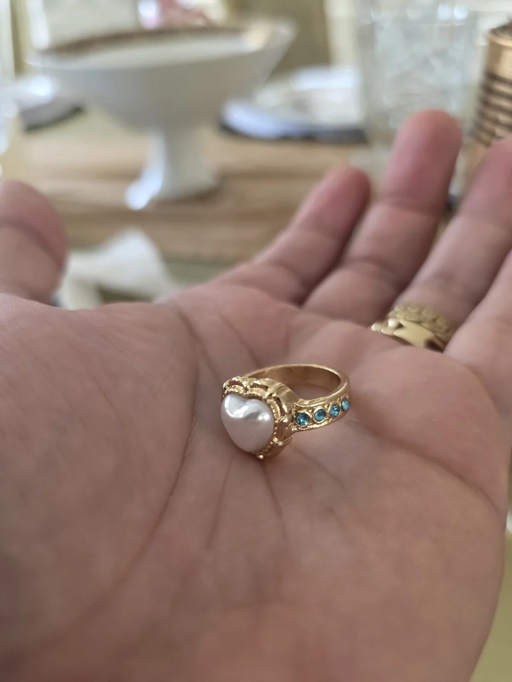 Gold White Pearl Teardrop Ring with Blue Accent  Stones